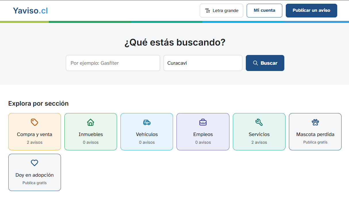 Portada de Yaviso.cl: buscador de avisos y secciones por categoría